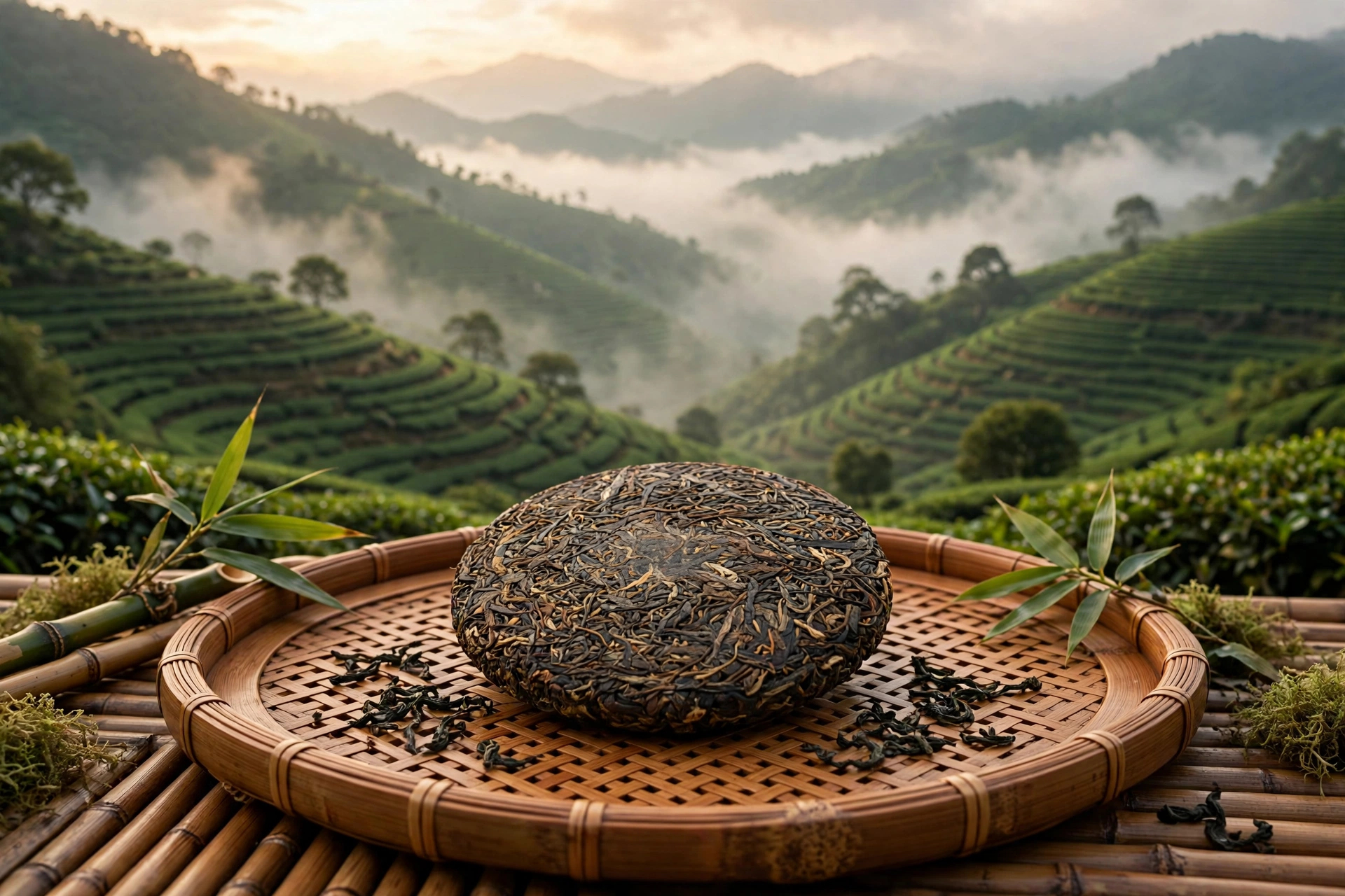 無量山茶餅置於竹篩,遠山梯田